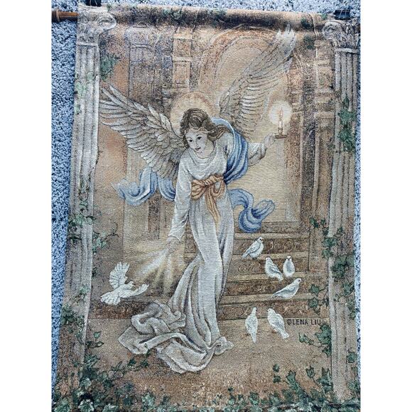 VTG Lena Liu Angel of Light Religious Wall Art Hanging Tapestry Wooden Rod Decor - Picture 2 of 8